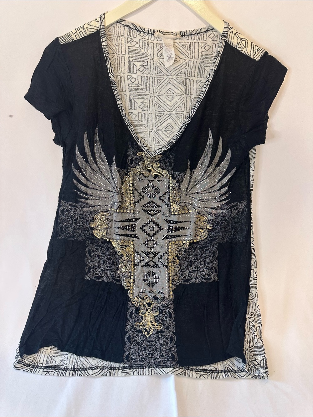 Angels & Diamonds Black Short-Sleeve V-Neck Top with Winged Cross